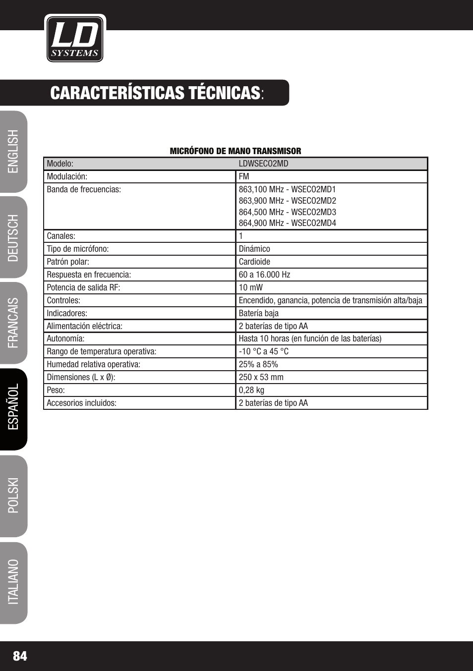 Características técnicas | LD Systems ECO 2X2 User Manual | Page 84 / 136