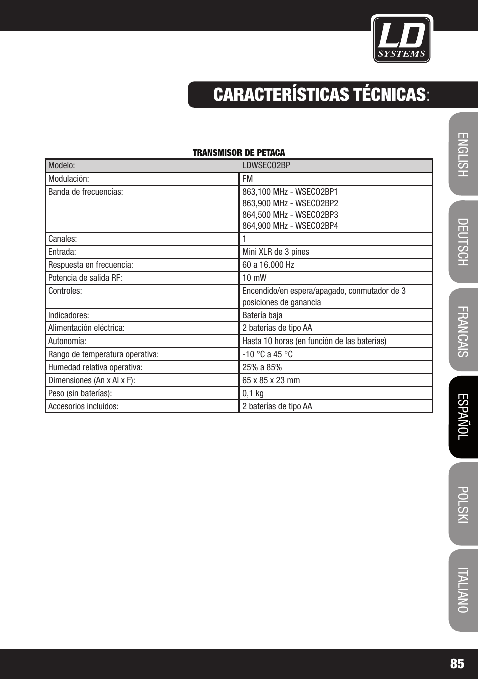 Características técnicas | LD Systems ECO 2X2 User Manual | Page 85 / 136