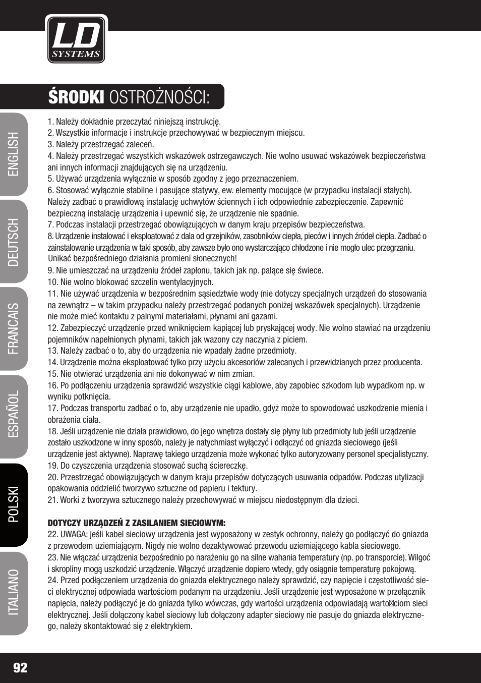Środki ostrożności | LD Systems ECO 2X2 User Manual | Page 92 / 136