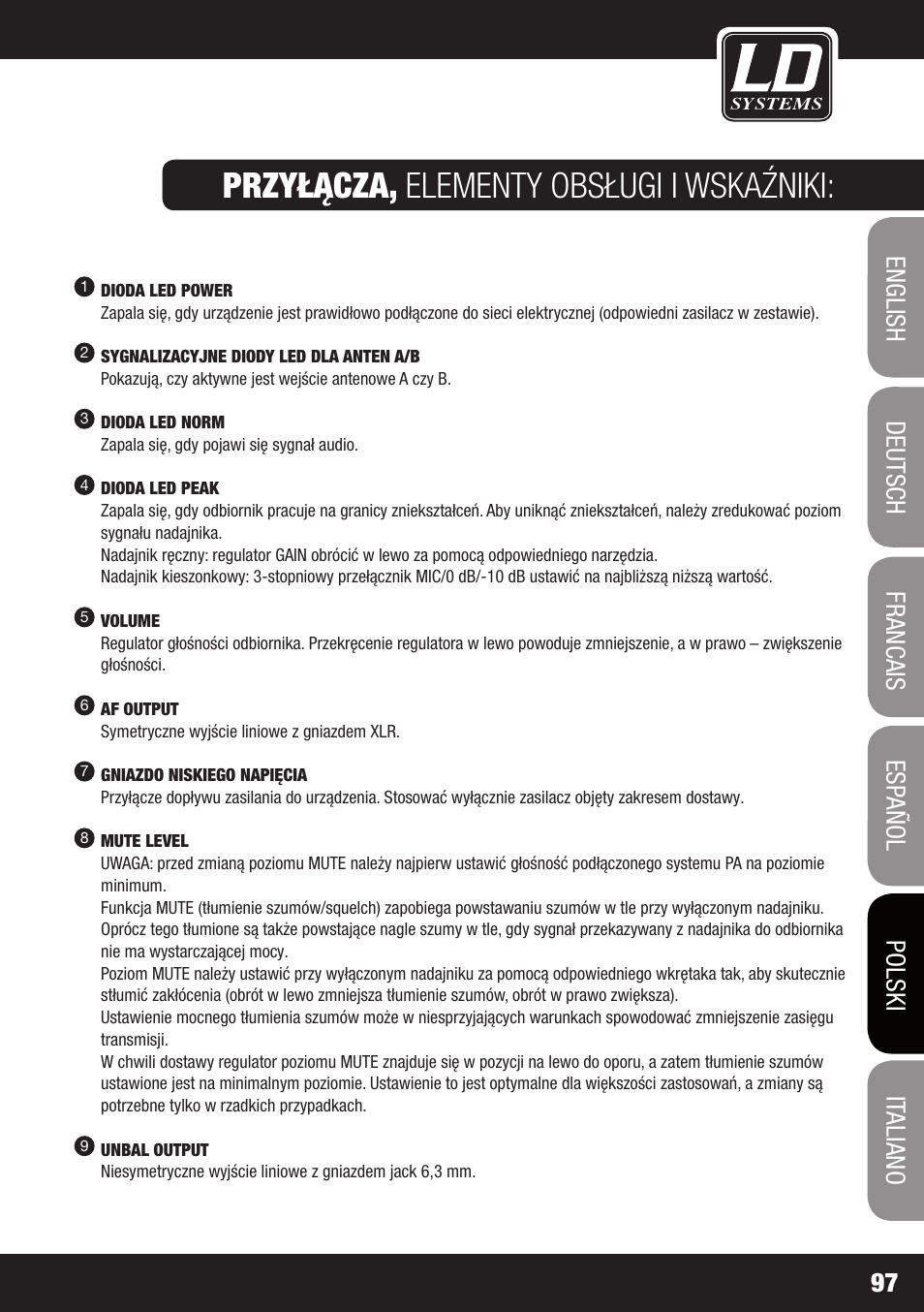 Przyłącza, elementy obsługi i wskaźniki | LD Systems ECO 2X2 User Manual | Page 97 / 136