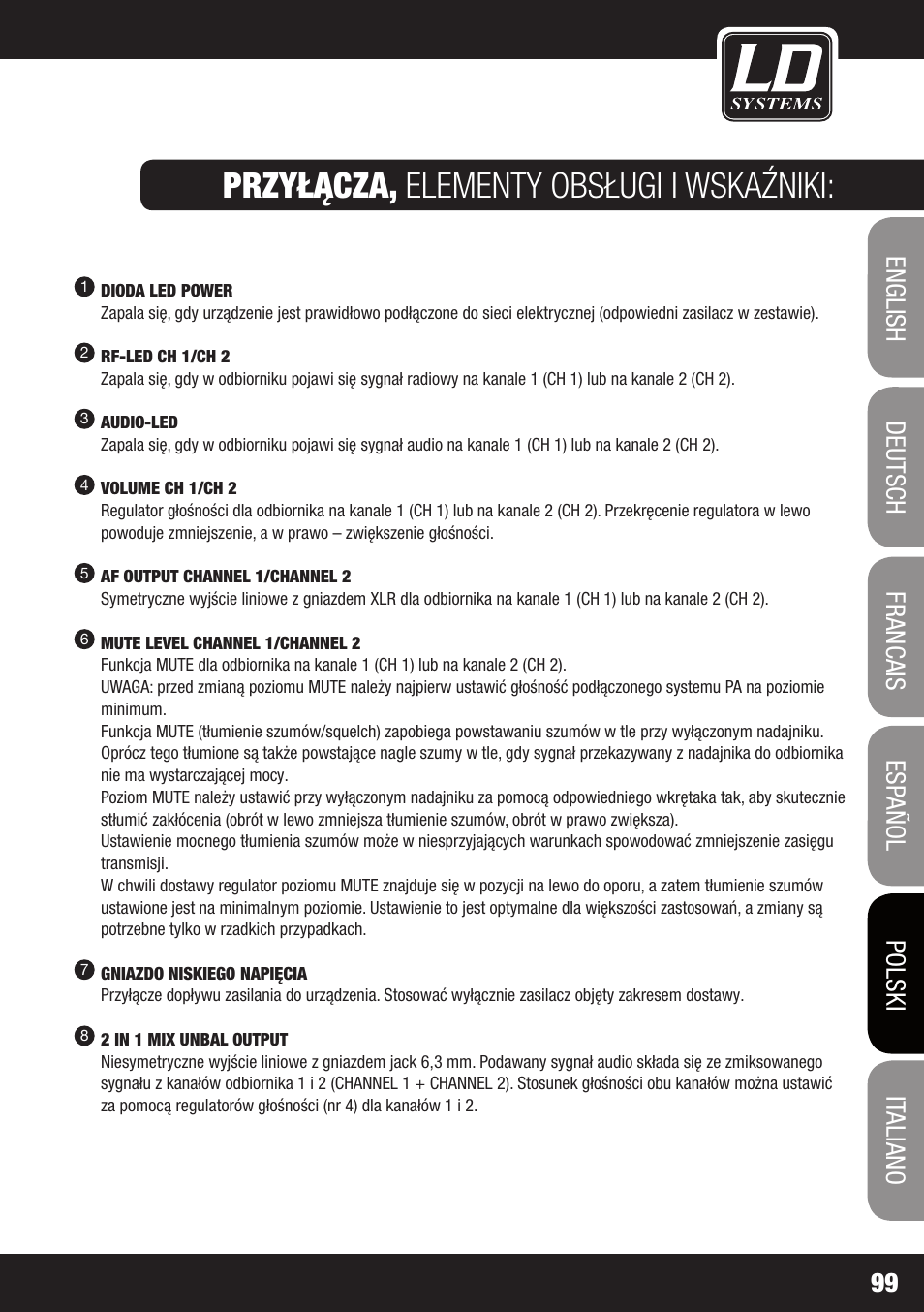 Przyłącza, elementy obsługi i wskaźniki | LD Systems ECO 2X2 User Manual | Page 99 / 136