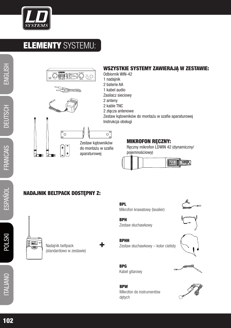 Elementy systemu, Mikrofon ręczny, Wszystkie systemy zawierają w zestawie | Nadajnik beltpack dostępny z, Pa-d40 rack | LD Systems WIN 42 User Manual | Page 102 / 146