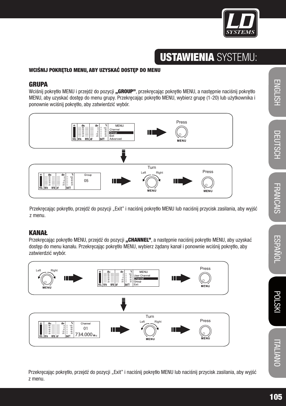 Ustawienia systemu, Grupa, Kanał | Wciśnij pokrętło menu, aby uzyskać dostęp do menu | LD Systems WIN 42 User Manual | Page 105 / 146