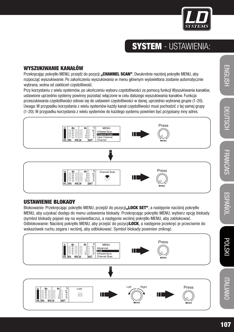 System — ustawienia: system - ustawienia, Wyszukiwanie kanałów, Ustawienie blokady | LD Systems WIN 42 User Manual | Page 107 / 146
