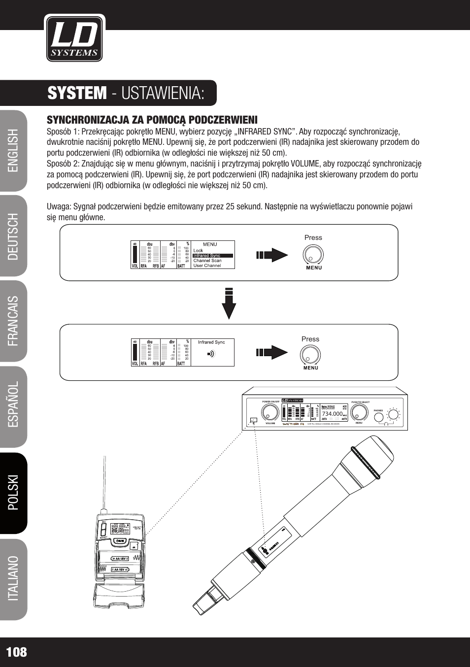 System - ustawienia, Synchronizacja za pomocą podczerwieni | LD Systems WIN 42 User Manual | Page 108 / 146
