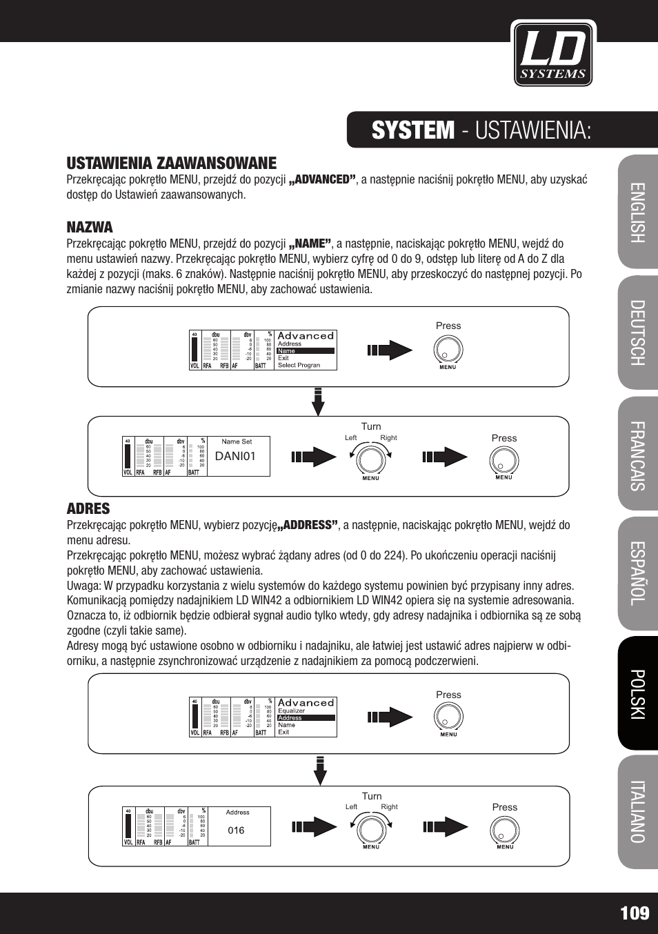 System - ustawienia, Ustawienia zaawansowane, Nazwa | Adres, Dani01 | LD Systems WIN 42 User Manual | Page 109 / 146