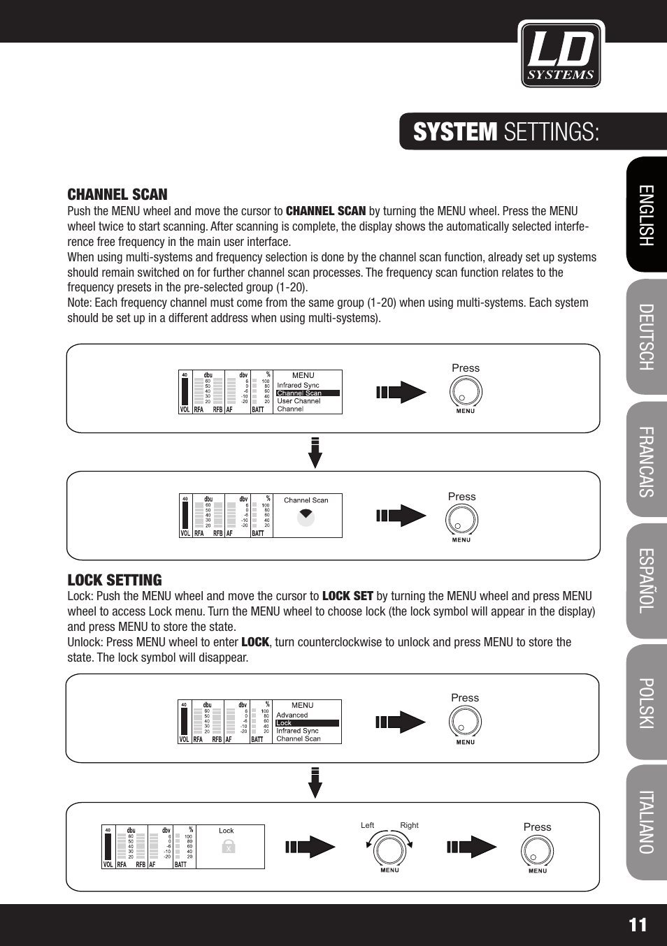 System settings, Channel scan, Lock setting | LD Systems WIN 42 User Manual | Page 11 / 146