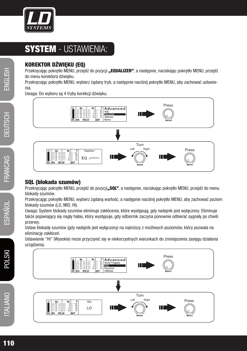 System - ustawienia, Korektor dźwięku (eq), Sql (blokada szumów) | LD Systems WIN 42 User Manual | Page 110 / 146