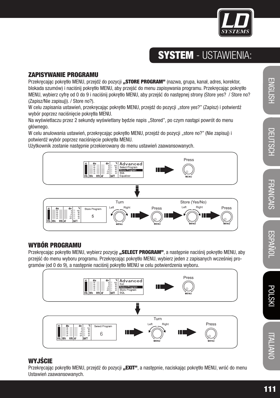 System - ustawienia, Zapisywanie programu, Wybór programu | Wyjście, Ld 01 | LD Systems WIN 42 User Manual | Page 111 / 146