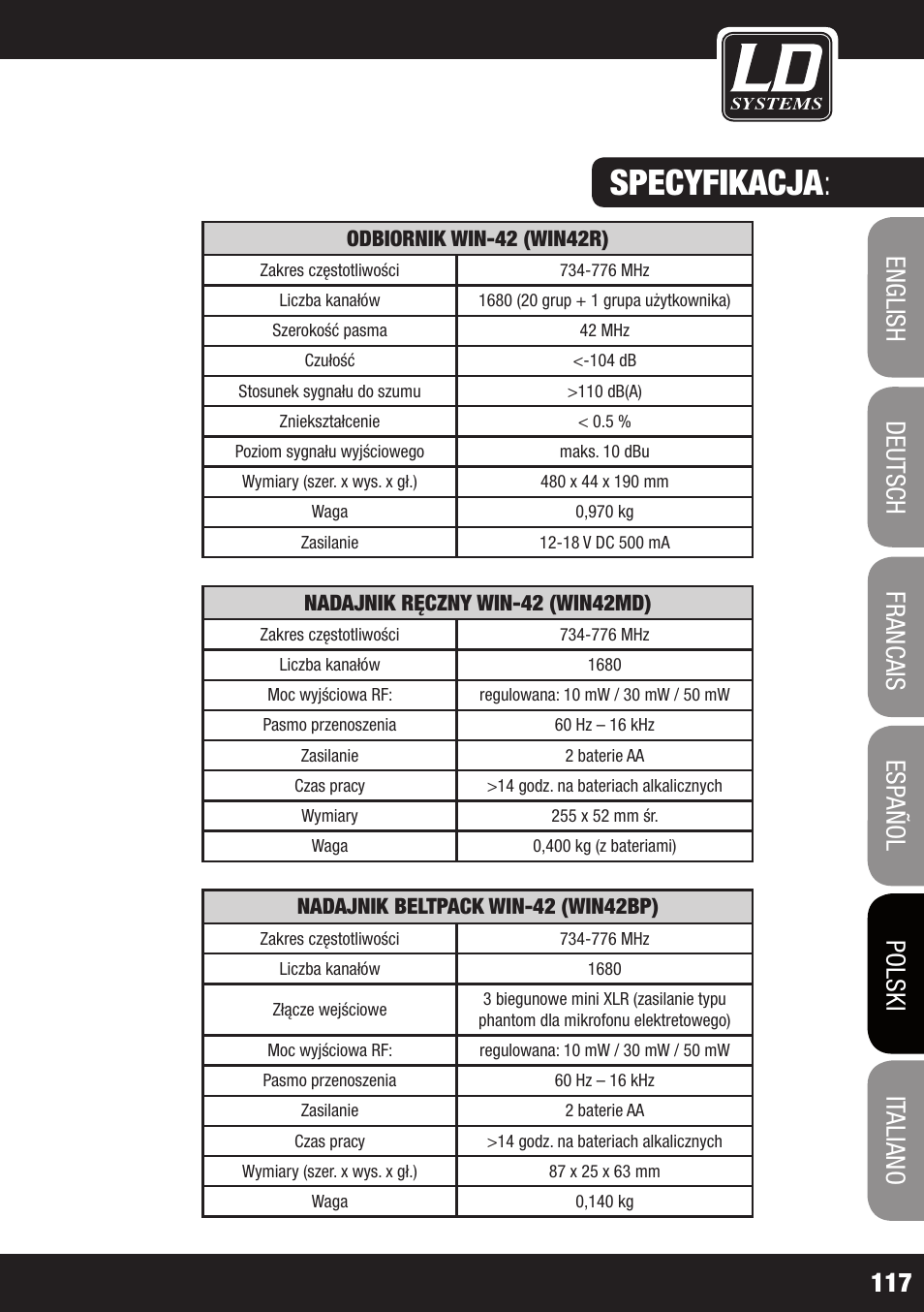 Specyfikacja | LD Systems WIN 42 User Manual | Page 117 / 146