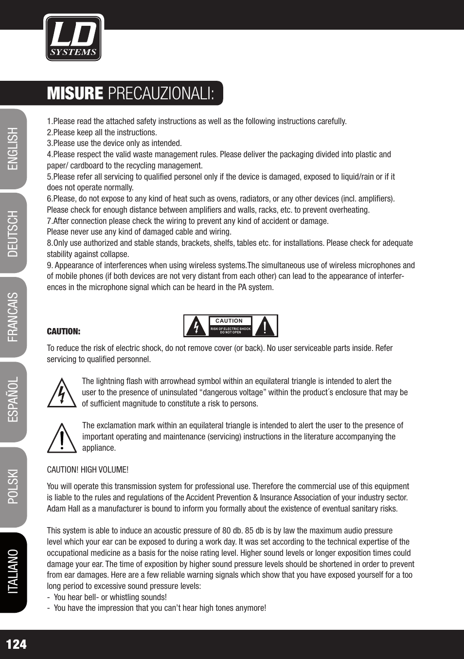 Misure precauzionali | LD Systems WIN 42 User Manual | Page 124 / 146