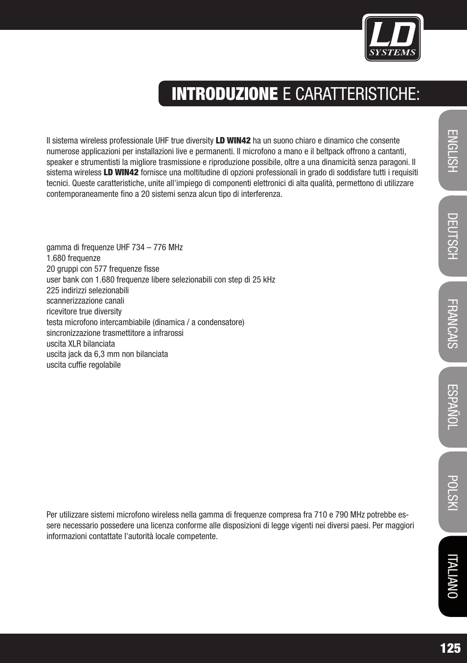 Introduzione e caratteristiche | LD Systems WIN 42 User Manual | Page 125 / 146