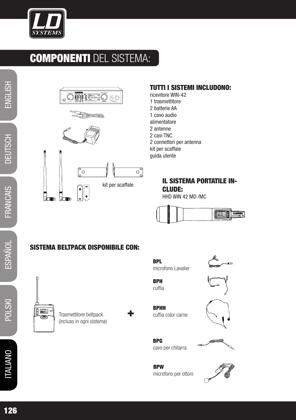 Componenti del sistema, Il sistema portatile in- clude, Tutti i sistemi includono | Sistema beltpack disponibile con, Hhd win 42 md /mc, Pa-d40 rack | LD Systems WIN 42 User Manual | Page 126 / 146