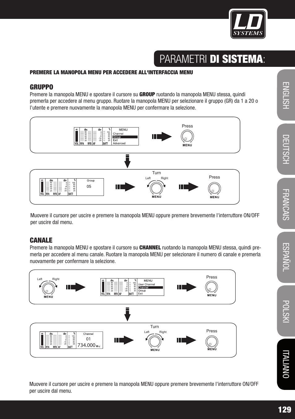 Parametri di sistema, Gruppo, Canale | LD Systems WIN 42 User Manual | Page 129 / 146