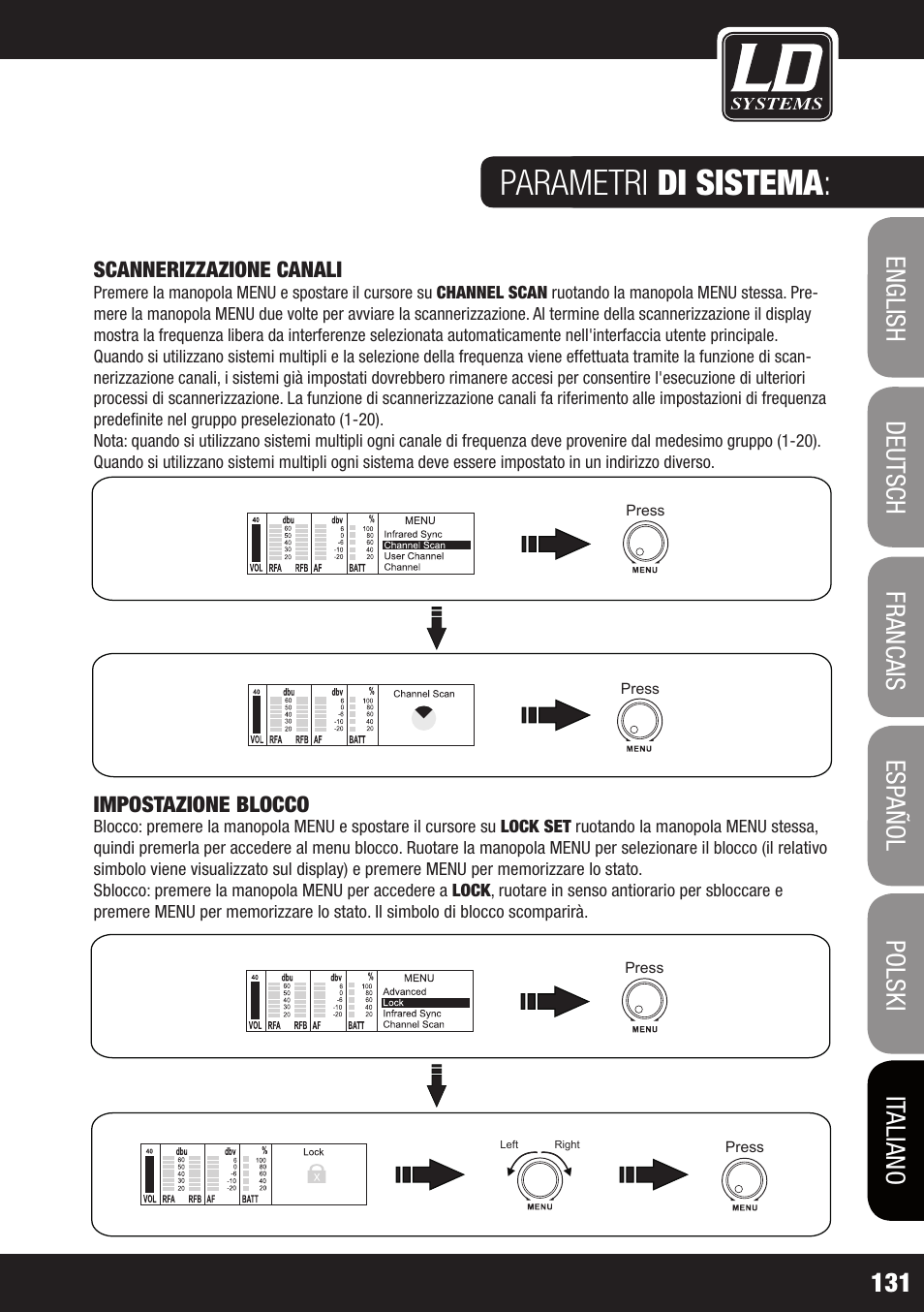 Parametri di sistema : parametri di sistema, Scannerizzazione canali, Impostazione blocco | LD Systems WIN 42 User Manual | Page 131 / 146