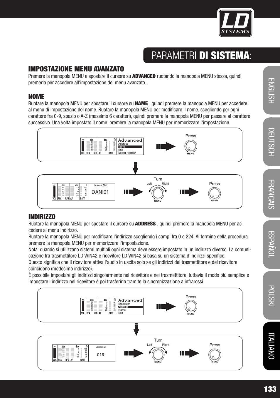 Parametri di sistema, Impostazione menu avanzato, Nome | Indirizzo, Dani01 | LD Systems WIN 42 User Manual | Page 133 / 146