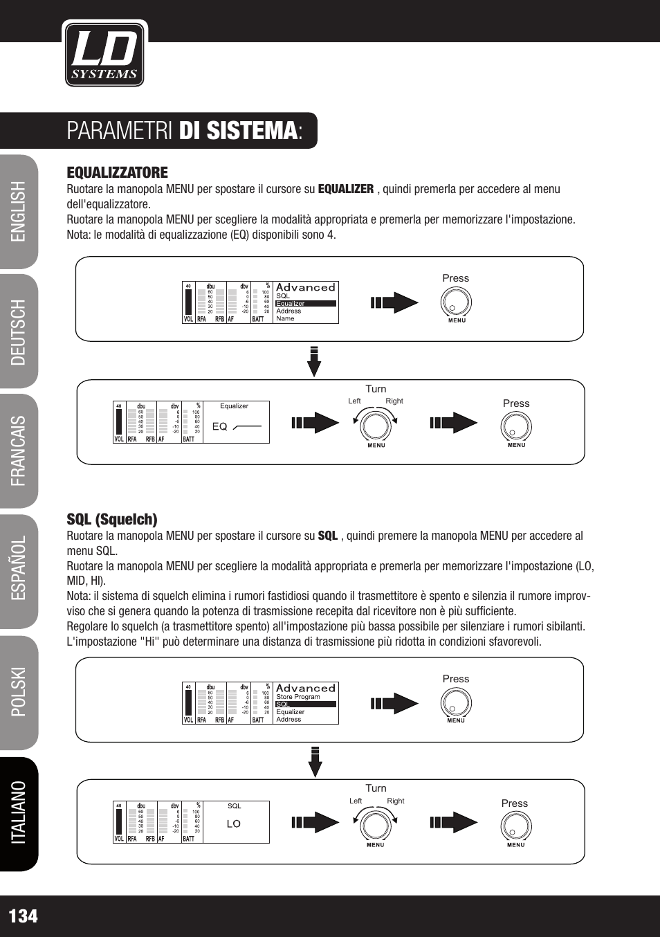 Parametri di sistema, Equalizzatore, Sql (squelch) | LD Systems WIN 42 User Manual | Page 134 / 146