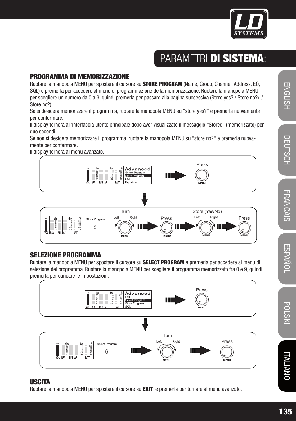 Parametri di sistema, Selezione programma, Uscita | Ld 01 | LD Systems WIN 42 User Manual | Page 135 / 146