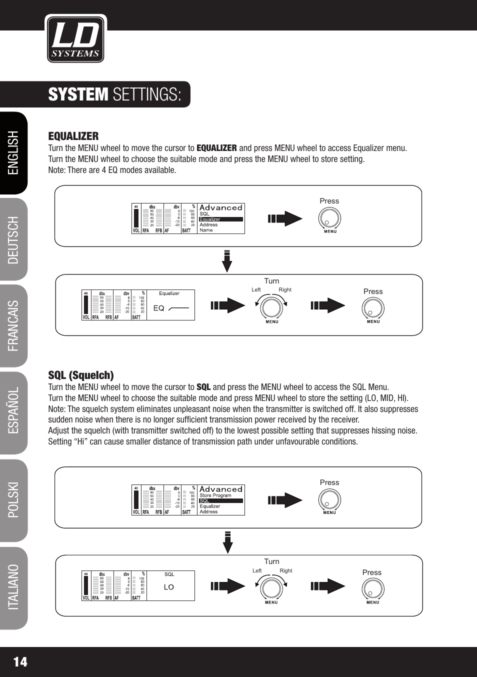 System settings, Equalizer, Sql (squelch) | LD Systems WIN 42 User Manual | Page 14 / 146