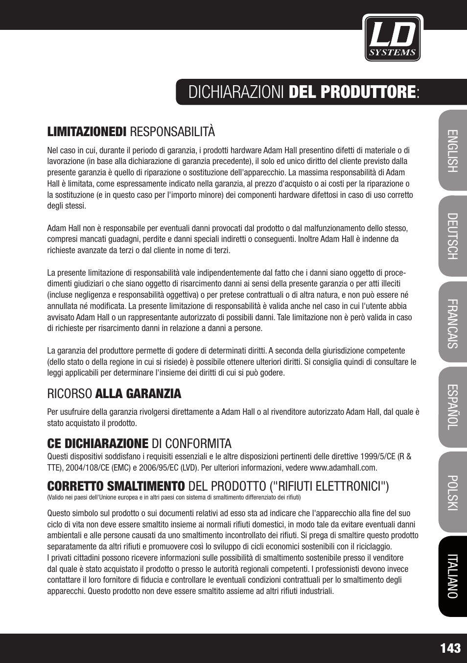 Dichiarazioni del produttore | LD Systems WIN 42 User Manual | Page 143 / 146