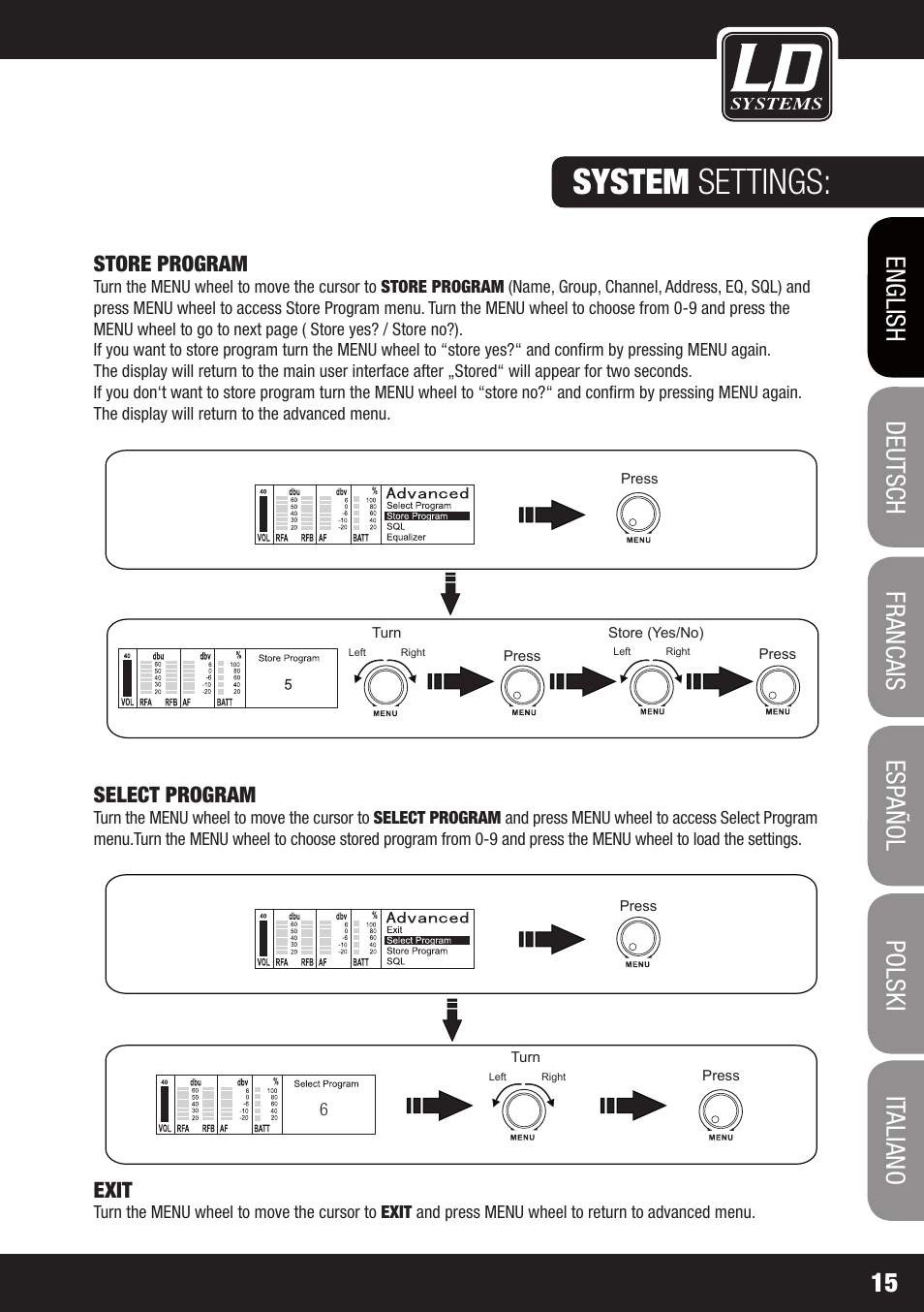 System settings, Store program, Select program | Exit, Ld 01 | LD Systems WIN 42 User Manual | Page 15 / 146