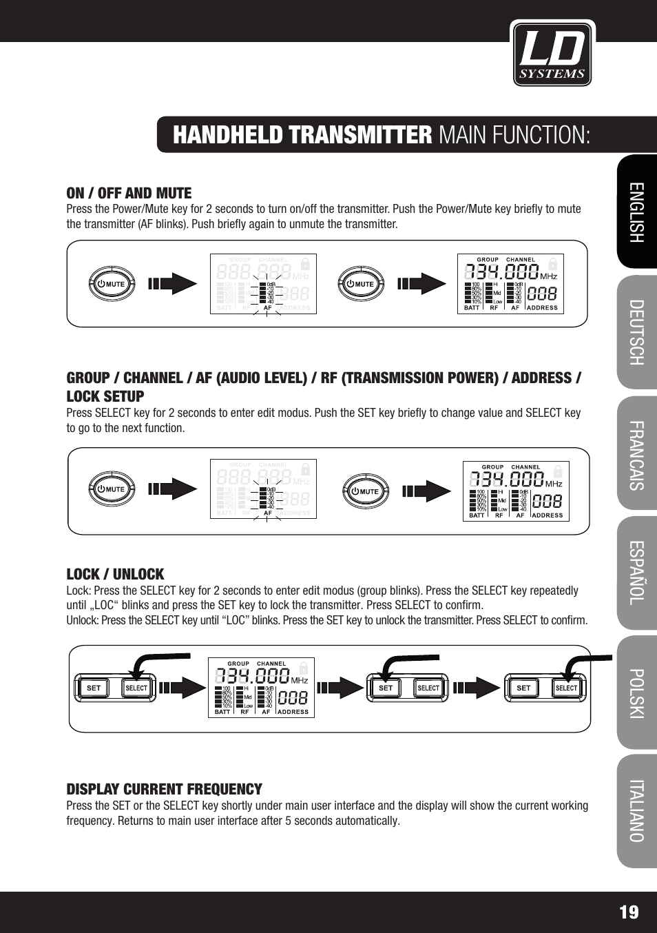 Handheld transmitter main function | LD Systems WIN 42 User Manual | Page 19 / 146