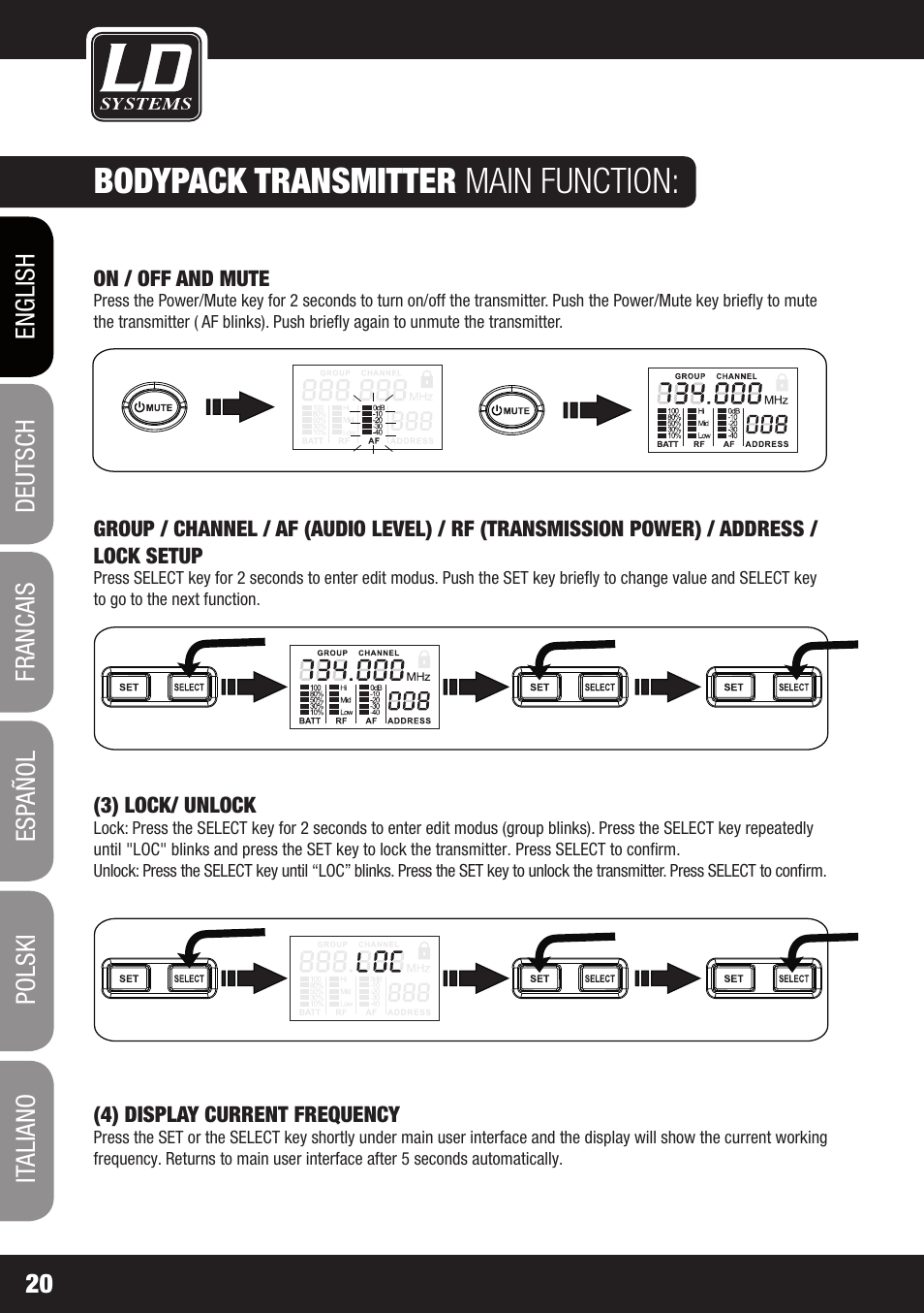 Bodypack transmitter main function | LD Systems WIN 42 User Manual | Page 20 / 146