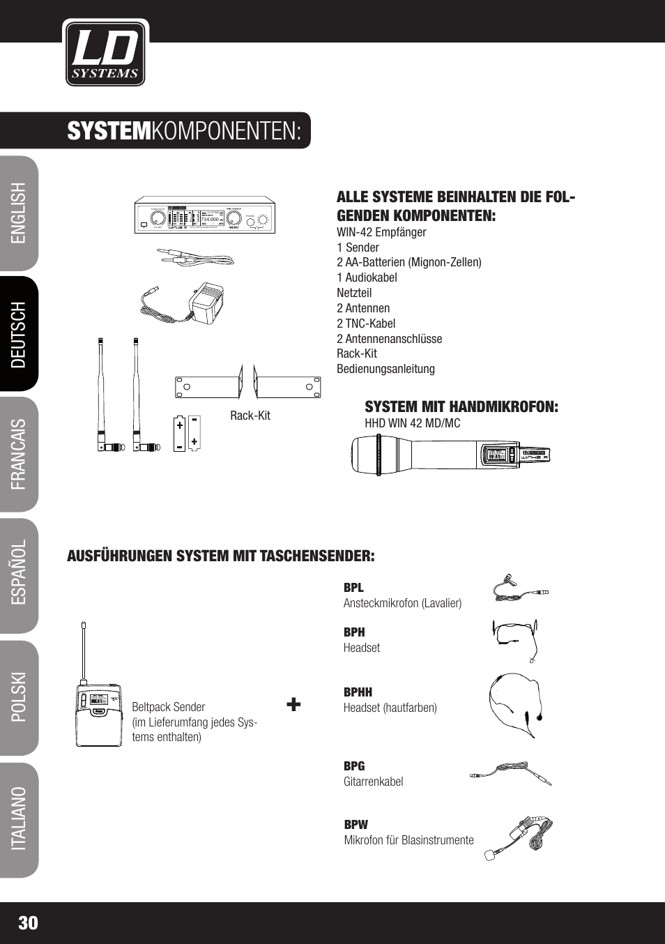 System komponenten, System mit handmikrofon, Ausführungen system mit taschensender | Hhd win 42 md/mc, Pa-d40 rack | LD Systems WIN 42 User Manual | Page 30 / 146