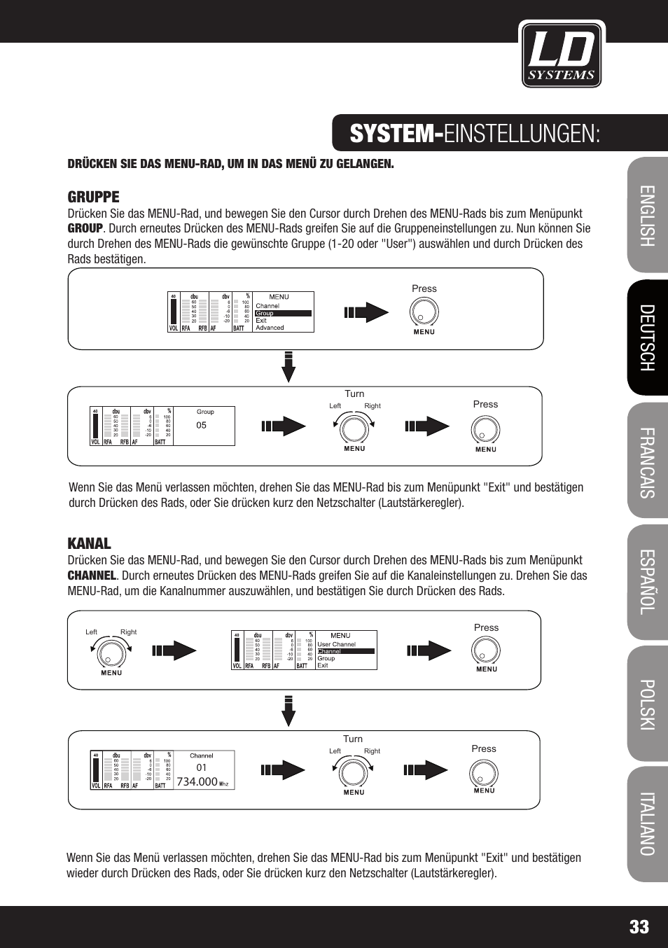 System- einstellungen, Gruppe, Kanal | LD Systems WIN 42 User Manual | Page 33 / 146