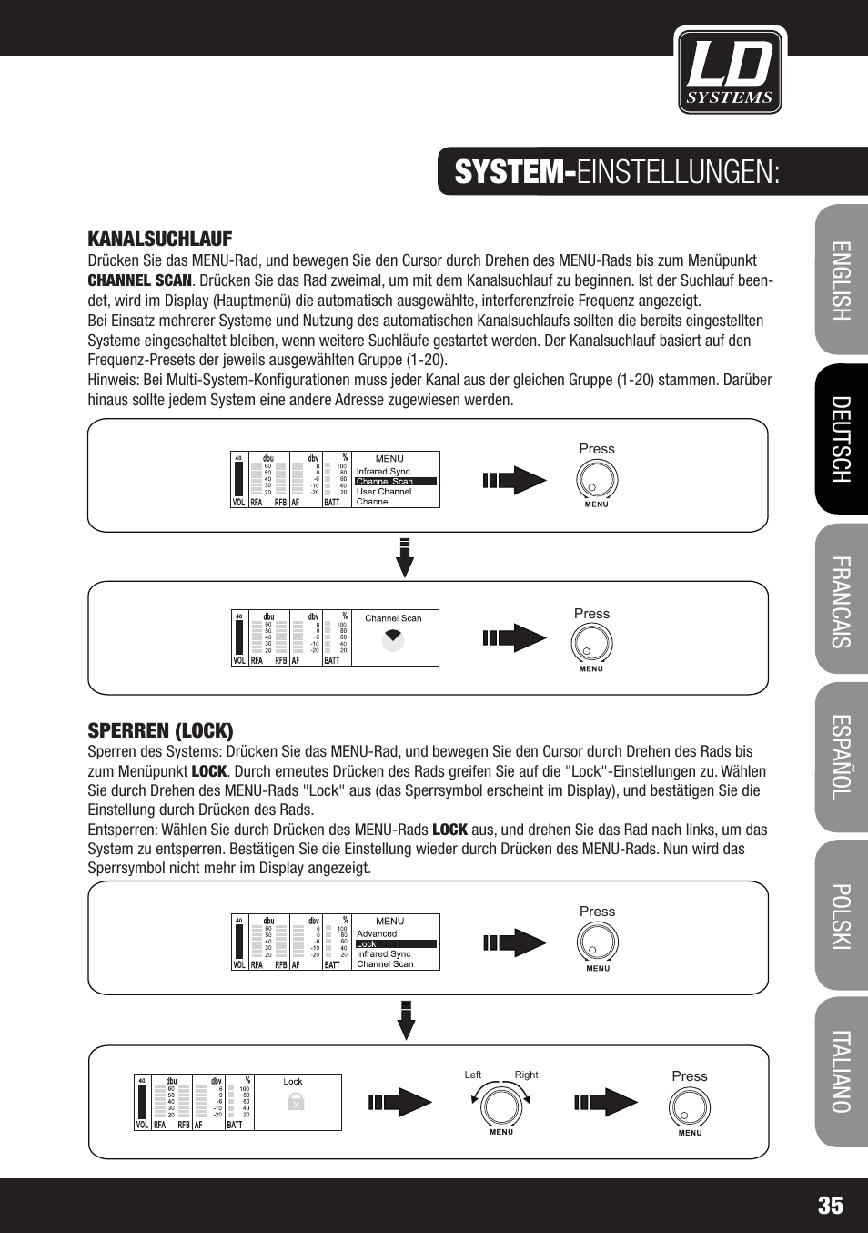 System- einstellungen, Kanalsuchlauf, Sperren (lock) | LD Systems WIN 42 User Manual | Page 35 / 146