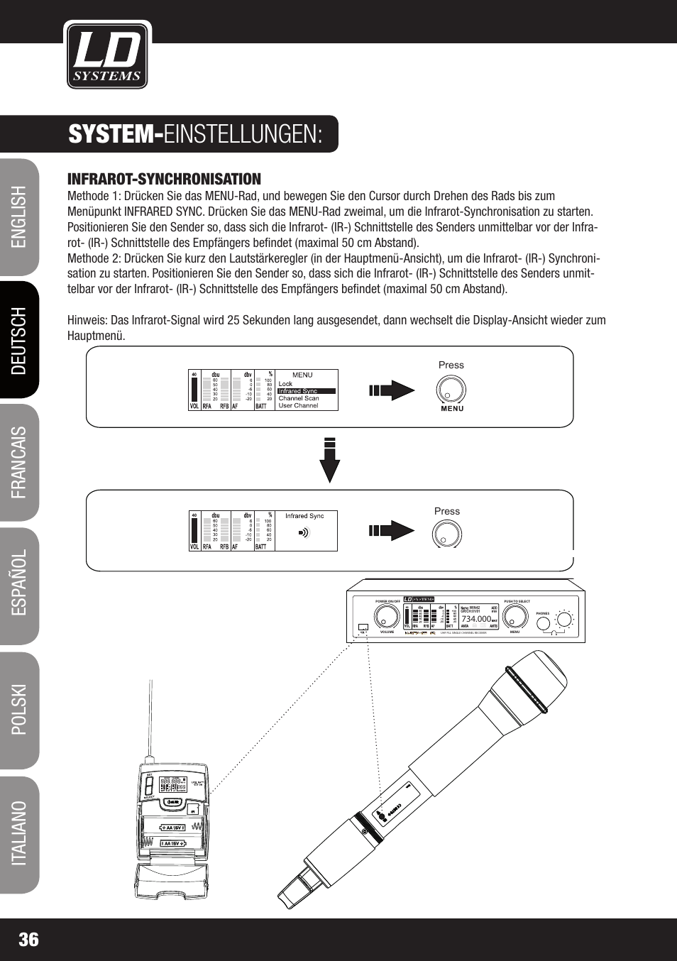 System- einstellungen, Infrarot-synchronisation | LD Systems WIN 42 User Manual | Page 36 / 146