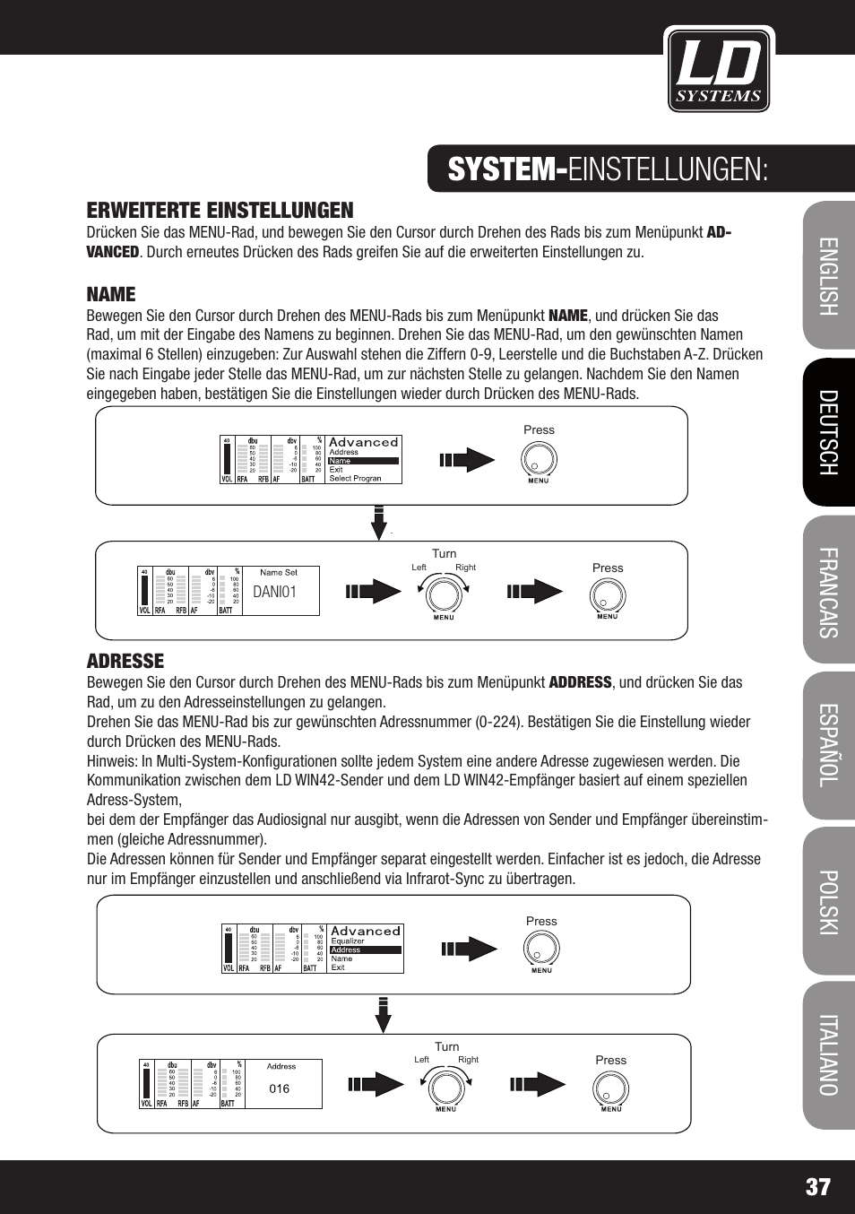 System- einstellungen, Erweiterte einstellungen, Name | Adresse, Dani01 | LD Systems WIN 42 User Manual | Page 37 / 146