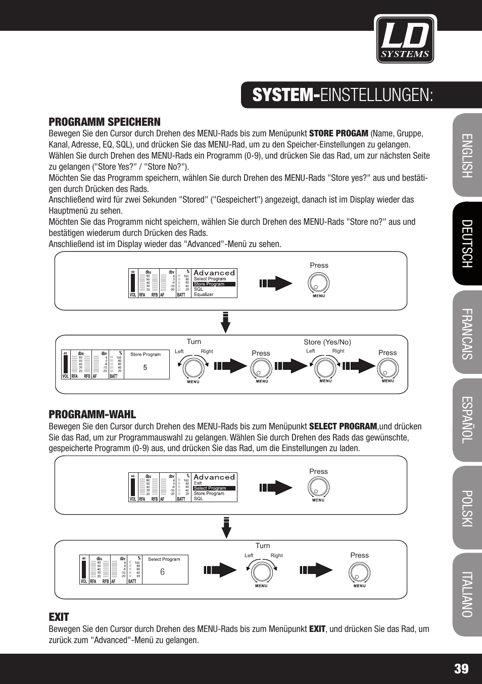 System- einstellungen, Programm speichern, Programm-wahl | Exit, Ld 01 | LD Systems WIN 42 User Manual | Page 39 / 146