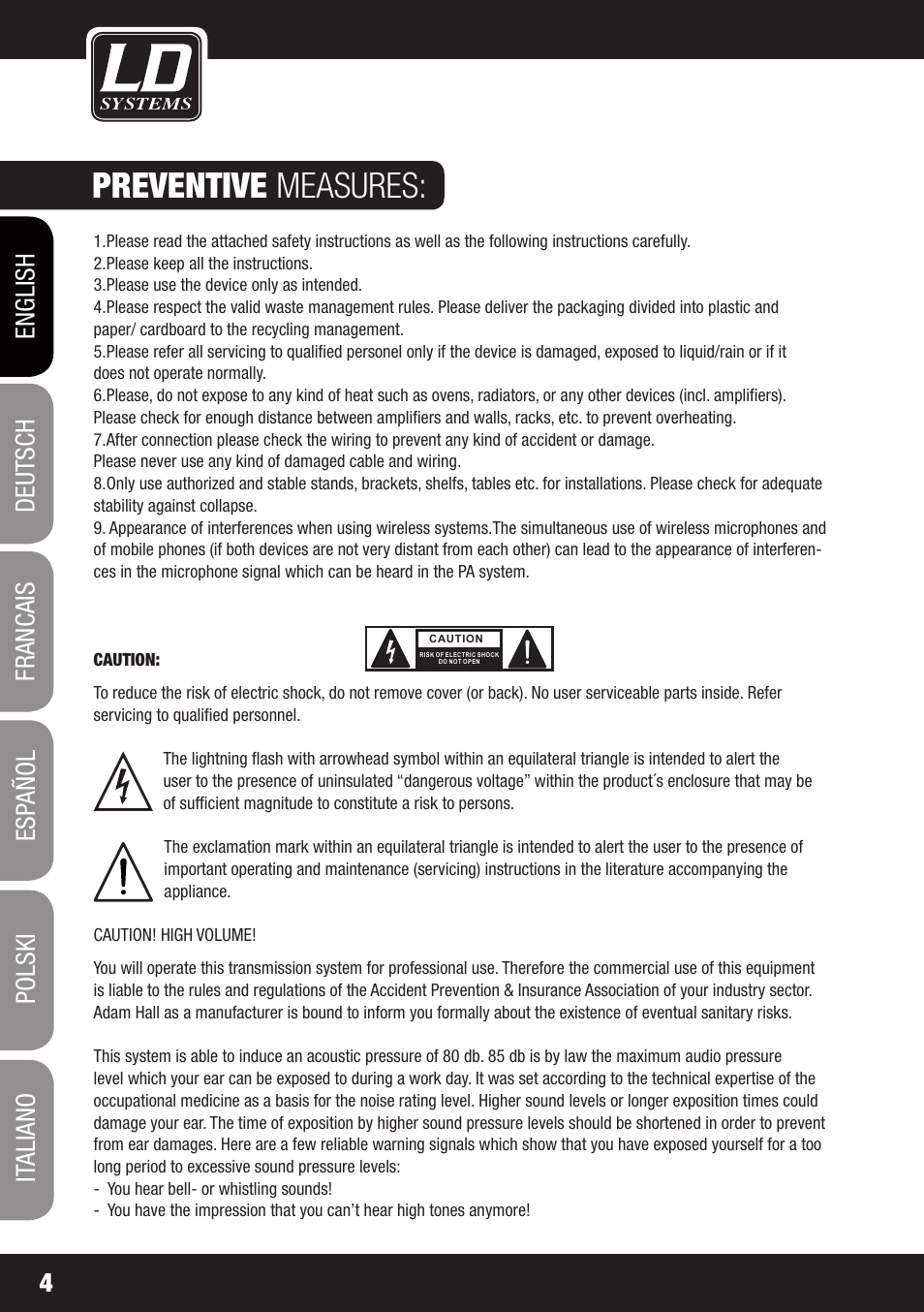 Preventive measures | LD Systems WIN 42 User Manual | Page 4 / 146