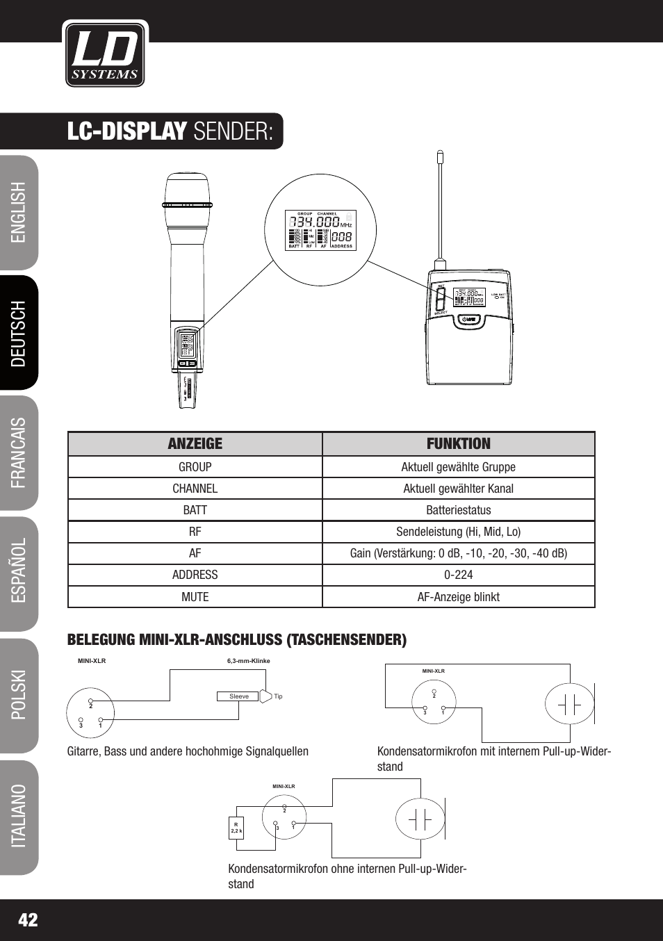 Lc-display sender, Anzeige funktion, Belegung mini-xlr-anschluss (taschensender) | LD Systems WIN 42 User Manual | Page 42 / 146