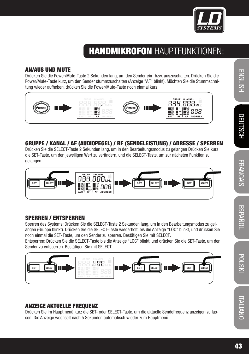 Handmikrofon hauptfunktionen | LD Systems WIN 42 User Manual | Page 43 / 146