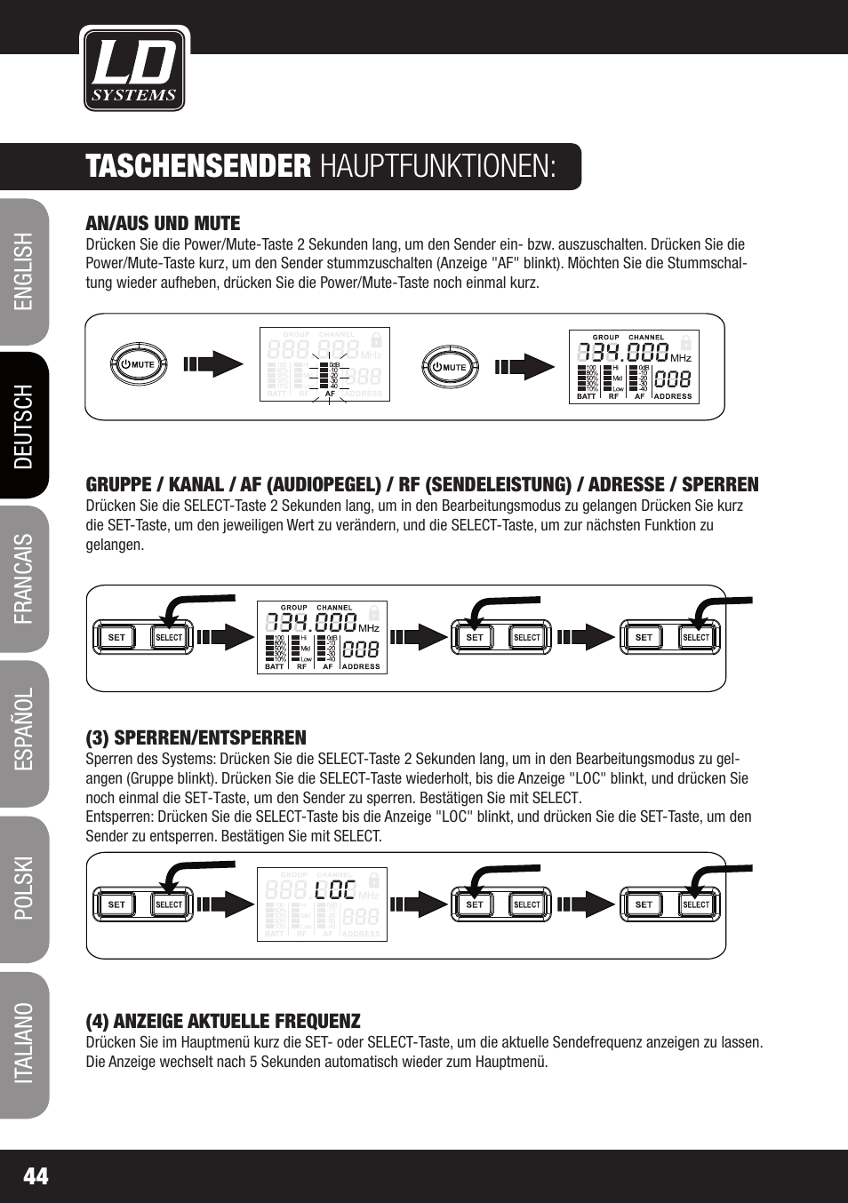Taschensender hauptfunktionen | LD Systems WIN 42 User Manual | Page 44 / 146