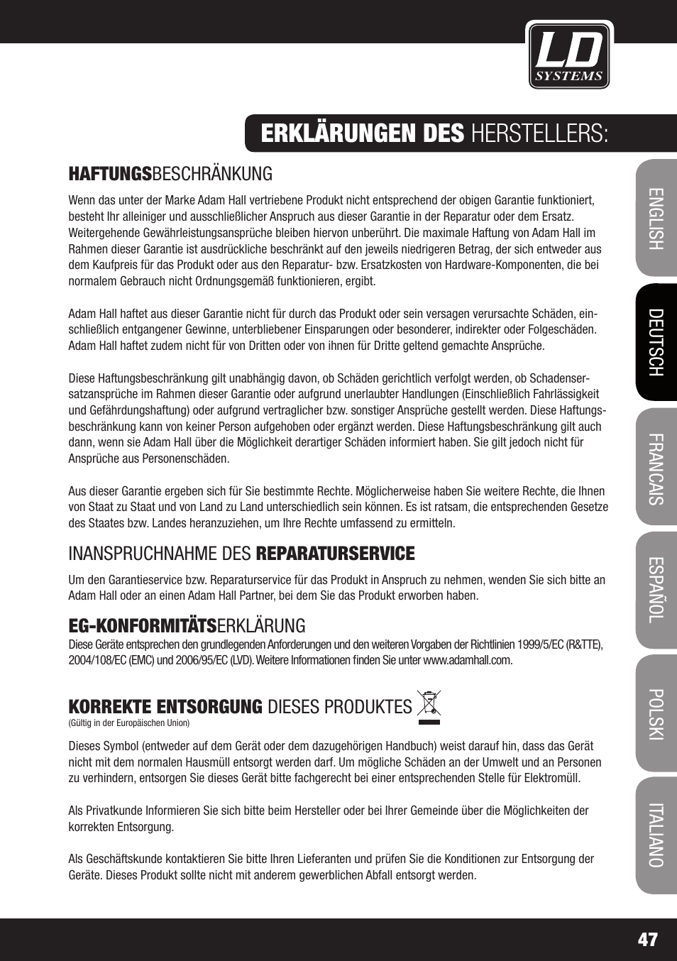 Erklärungen des herstellers | LD Systems WIN 42 User Manual | Page 47 / 146