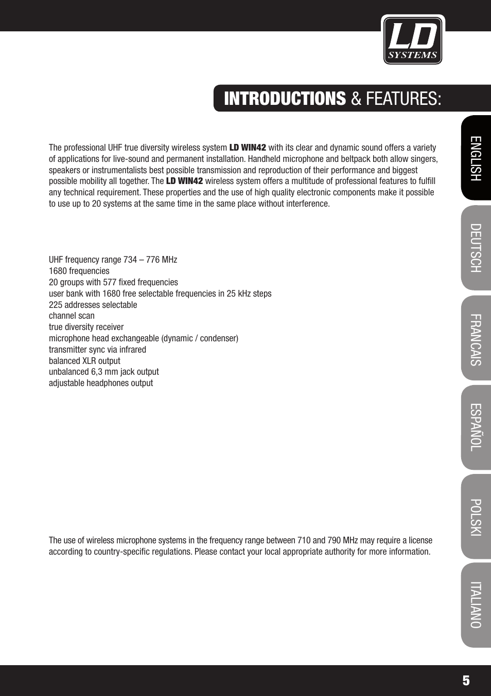 Introductions & features | LD Systems WIN 42 User Manual | Page 5 / 146