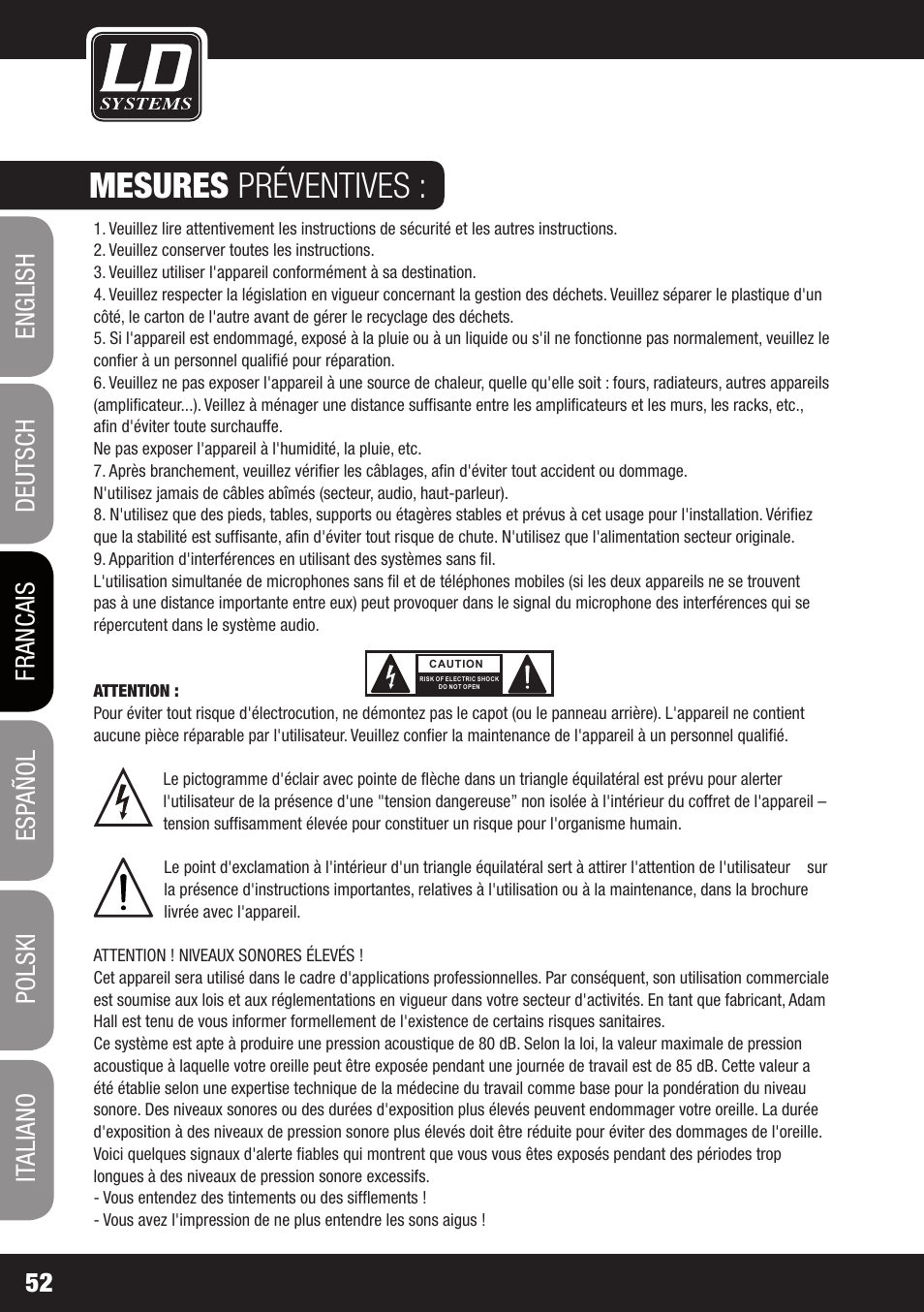 Mesures préventives | LD Systems WIN 42 User Manual | Page 52 / 146