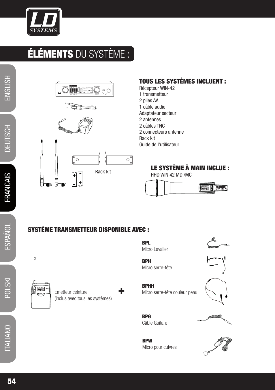 Éléments du système, Le système à main inclue, Tous les systèmes incluent | Système transmetteur disponible avec, Hhd win 42 md /mc, Pa-d40 rack | LD Systems WIN 42 User Manual | Page 54 / 146
