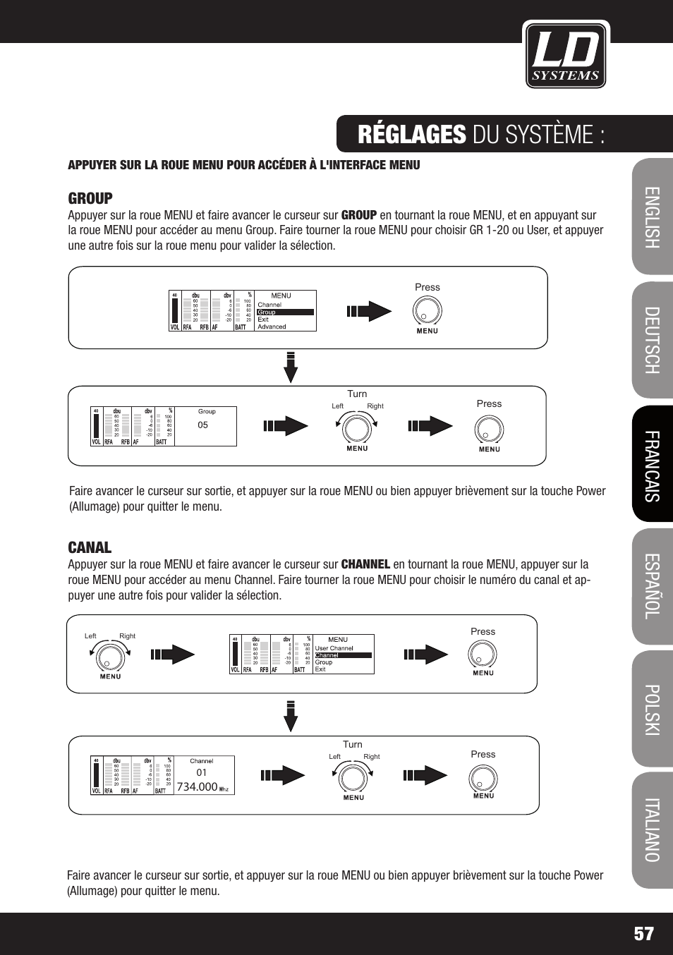 Réglages du système, Group, Canal | LD Systems WIN 42 User Manual | Page 57 / 146