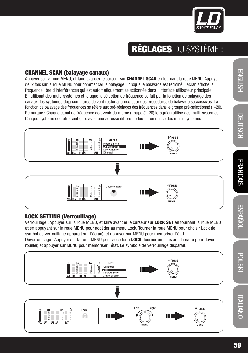 Réglages du système, Channel scan (balayage canaux), Lock setting (verrouillage) | LD Systems WIN 42 User Manual | Page 59 / 146