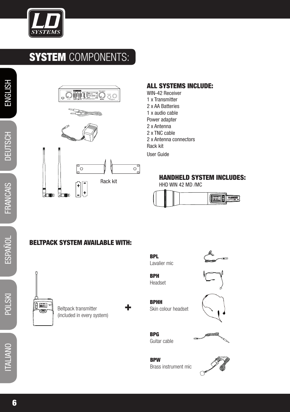 System components, Handheld system includes, All systems include | Beltpack system available with, Hhd win 42 md /mc, Pa-d40 rack | LD Systems WIN 42 User Manual | Page 6 / 146