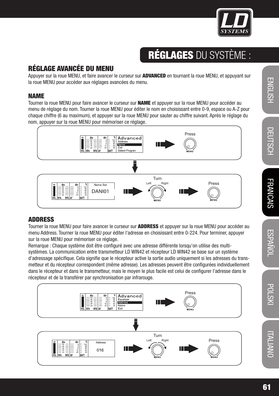 Réglages du système, Réglage avancée du menu, Name | Address | LD Systems WIN 42 User Manual | Page 61 / 146
