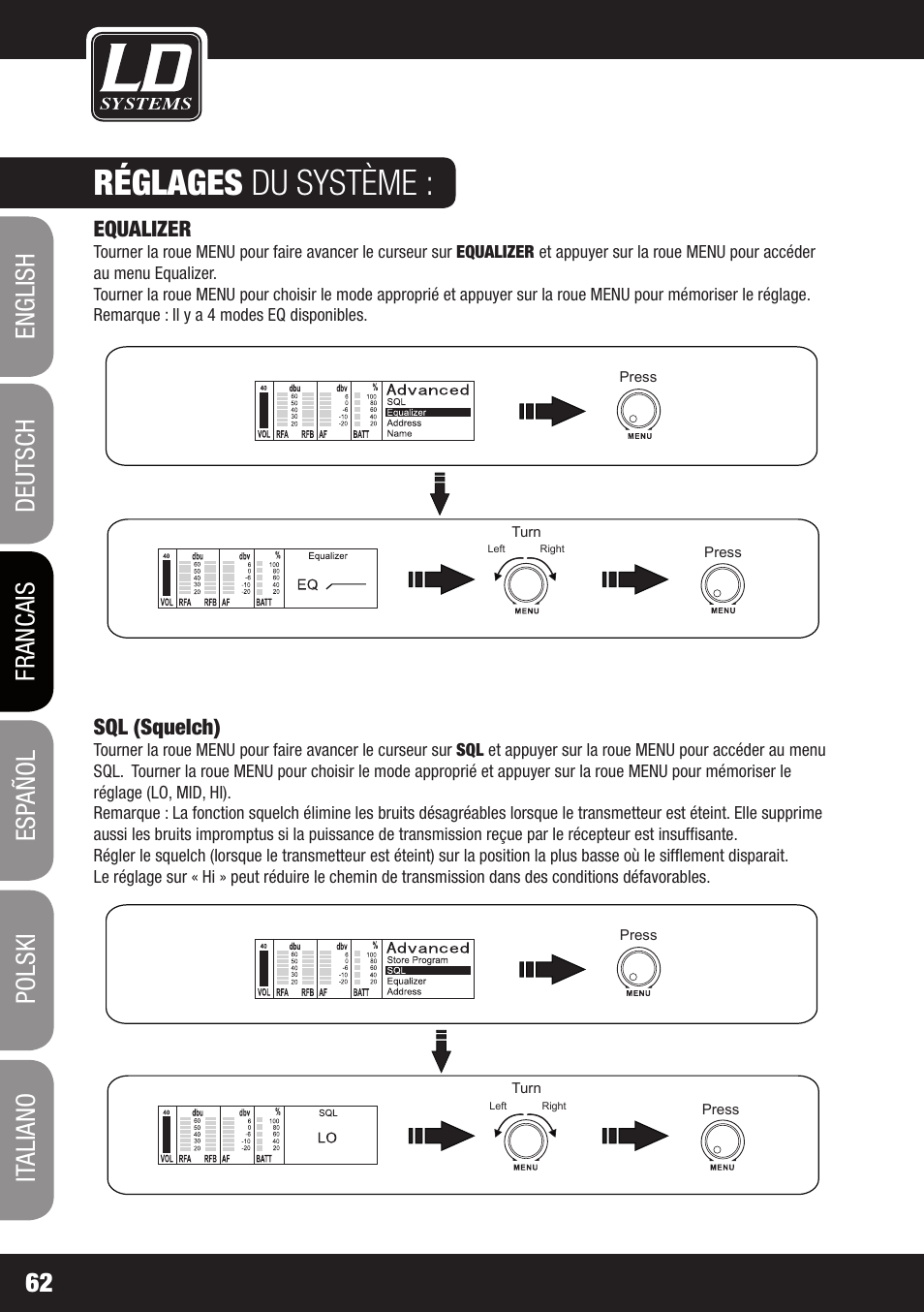 Réglages du système, Equalizer, Sql (squelch) | LD Systems WIN 42 User Manual | Page 62 / 146