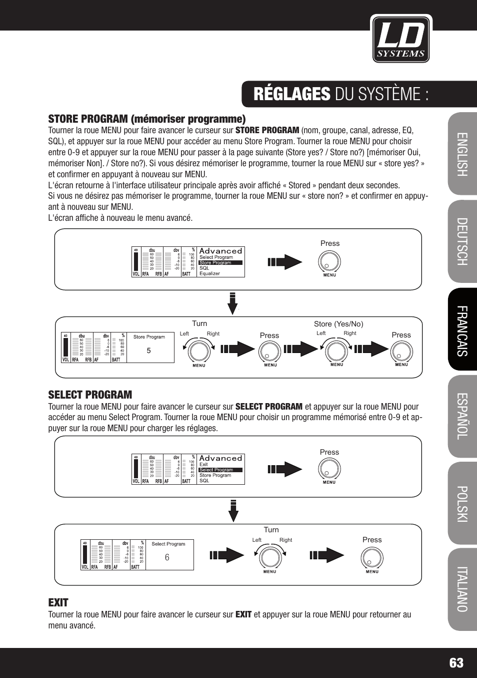 Réglages du système, Store program (mémoriser programme), Select program | Exit, Ld 01 | LD Systems WIN 42 User Manual | Page 63 / 146