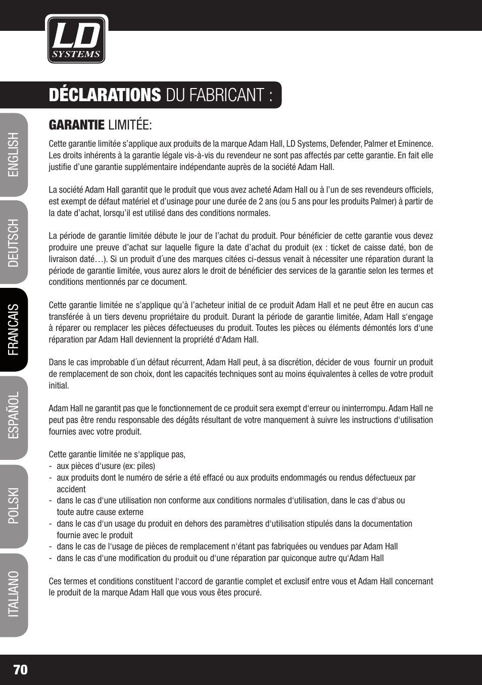 Déclarations du fabricant | LD Systems WIN 42 User Manual | Page 70 / 146