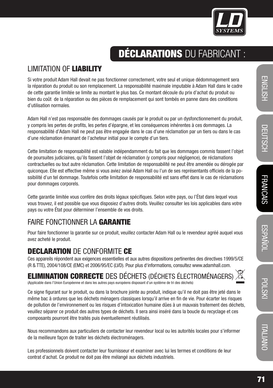 Déclarations du fabricant | LD Systems WIN 42 User Manual | Page 71 / 146
