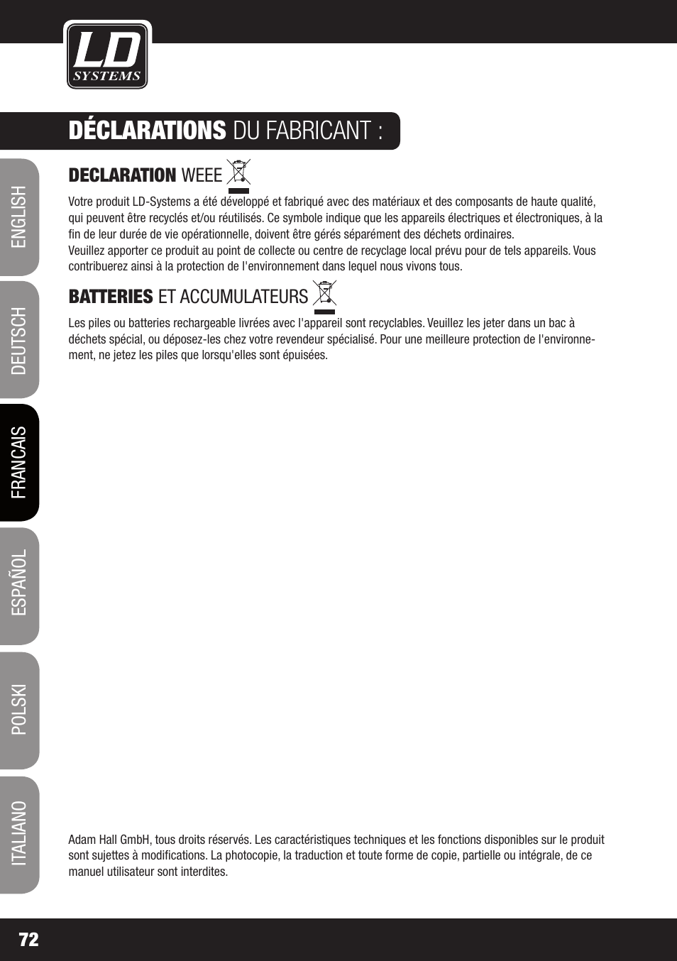 Déclarations du fabricant | LD Systems WIN 42 User Manual | Page 72 / 146